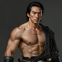 portrait of a Asian samurai Nicolas Cage onna-musha, muscular, upper body, D&D, fantasy, intricate, cinematic lighting, highly detailed, digital painting, artstation, concept art, smooth, sharp focus, illustration, art by Hajime Sorayama
