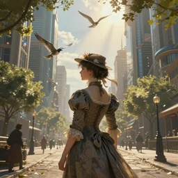 portrait of a victorian lady with flying birds in a futuristic city, from behind!!!, streets, angels in the sky, sunlight and rays of light shining through trees, tall buildings on the sides, beautiful, solarpunk!!!, highly detailed, digital painting