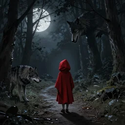 little red ridinghood on a dark moonlight forest path being stalked by a wolf, darkwave, darksynth, concept art, sharp, digital matte painting, art by, greg rutkowski, wlop, dramatic lighting, trending on artstation