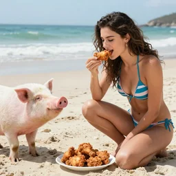lady in bikini on the beach eating southern fried chicken, while a pig watches her, photorealistic