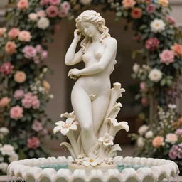 photograph of fountain with flower sculpture designed by Georgia O'Keefe, feminine, beautiful, curvy, flowers background, romantic, sensual, shallow depth of field, romantic lighting