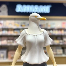 figurine of seagull wearing an elegant summer blouse, personification!!!!!!!, embodiment of concept, symbolization!!!!!!, official store photo, commercial photo, featured on amiami, lovecraftian, 8 k, 8 5 mm, beautiful composition, smooth curves