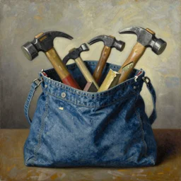 an abstract painting of a blue denim bag filled with broken hammers, stylized, by caravaggio, george luks and paul klee