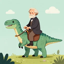 illustration of charles darwin riding a dinosaur