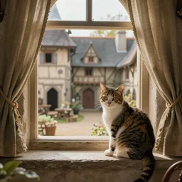 sill life with a cat inside a medieval house