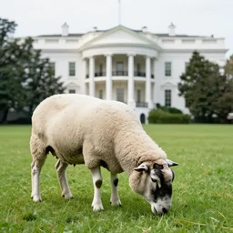 a photo of a sheep eating grass at the whitehouse
