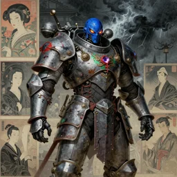 composition of gothic and futuristic, warhammer, cyberpunk armor japan style, more and more scars, thunderstorm, blue head, fire eyes, some redgreen and purple, the middle ages, highly detailed, artstation, in the style of moebius, jugendstil and classic japanese print, art by rene magritte and jean delville, composition by richard corben