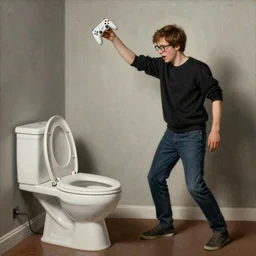 white boy with brown hair and glasses throwing a video game into a toilet, scott wozniak, scott the woz, renaissance painting