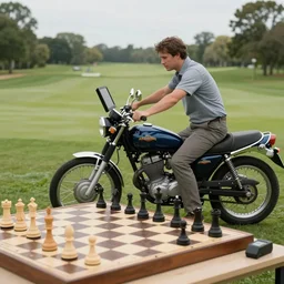 a man who is half motorcycle, half golfer, on a realistic chessboard trying to use his computer