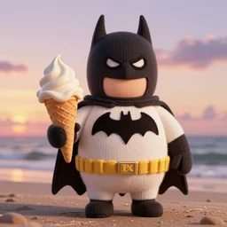 a large knitted batman holding an ice cream cone during sunset at the beach Trending on artstation, featured on Behance, well-rendered, Unreal Engine, 4K HD