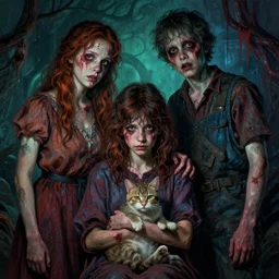 cinematic colorful horror artwork by artgerm, and mark brooks ; real life full portrait of three humans family posing together with pet cat, the man was james, the woman was teri, and the boy was tyler ; melancholy haunting ; 8 k hdr, creepy intricate ; volumetric dramatic lighting, insanely detailed