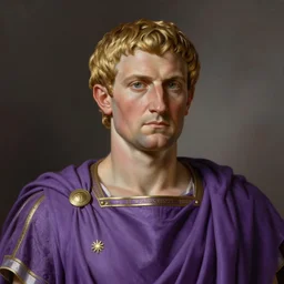 triumphant gaius julius caesar wearing a tyrian purple roman toga, ciaran hinds, art by greg rutkowski, portrait, headshot, highly detailed, digital painting, sharp focus, illustration