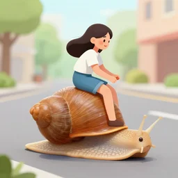 a girl riding a big snail on the street in a snail race competing with others, art by stevan dohanos