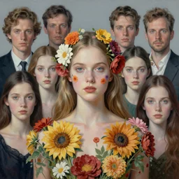 portrait, beautiful mysterious girl covered in flowers by peter lindbergh, sam spratt, michael page, julie heffernan, glenn brown, ayami kojima, greg hildebrandt, brian froud, nicola samori, paolo roversi, kilart, 8 k, hyper detailed, hyper realism, acrylic paint, surrealism, smooth, sharp focus.