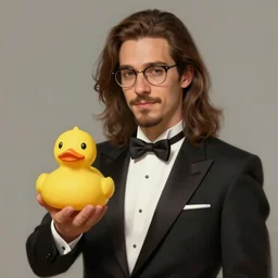a beautiful chad german guy with very long brownish! hair, with glasses and short stubble! goatee on a tuxedo holding a rubber duck!, trade offer meme, digital painting, concept art, matte