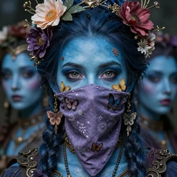 a stunning ultra detailed fantasy fine art portrait photo of witch with glossy blue skin, by tom bagshaw, michael cheval and natalie shau, bandana mask, 3 5 mm lens, golden ratio composition, deep depth of field, perfect eyes and face, flowery implants, flowerpunk, soft lighting, artstation, 8 k