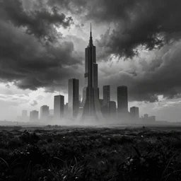 in the black storm, dystopic skyscrapers in the mist, on a darkling plain, drawn by nicholas delort!! graphic black and white, low camera, wide angle, centered composition, golden ratio