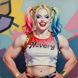 greg manchess portrait painting of happy harley quinn as beautiful thick very muscular roided female bodybuilder model played by margot robbie, wide roided face, medium shot, asymmetrical, profile picture, organic painting, sunny day, matte painting, bold shapes, hard edges, street art, trending on artstation, by huang guangjian and gil elvgren and sachin teng