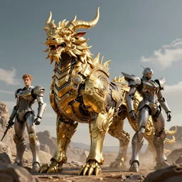 a beautiful octane render of a huge ferocious kylin mythical animals occupy the ground, surrealistic, epic, 8 k hd, light effect, unreal engine, trending on cgsociety, by tomasz alen kopera justin gerard james jean, cool mecha style, trending on artstation, ultra wide angle,, 3 d render, ray tracing, mechanics, hyper detailed, golden ratio, realistic physical rendering, close shot