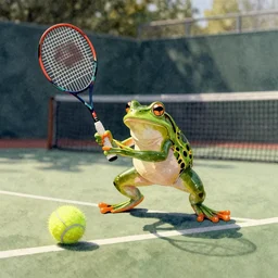 a watercolor painting of a frog playing tennis
