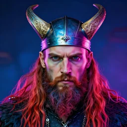 viking portrait, vivid colors, dramatic, neon, realistic