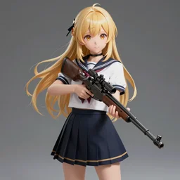 anime, full body, cute, female, a blonde haired cute girl wearing a school uniform and holding a sniper rifle, gorgeous lighting, highly detailed, digital painting, art station, sharp focus, high quality, frontal view, illustration, concept art, advanced digital anime art