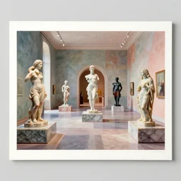 an achingly beautiful print of the interior of a modern art museum with vibrant contemporary marble sculptures display, by Raphael, Hopper, and Rene Magritte. detailed, romantic, enchanting, trending on artstation.