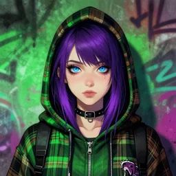 highly detailed portrait of a sewer punk lady student, blue eyes, tartan hoody, purple hair by atey ghailan, by greg rutkowski, by greg tocchini, by james gilleard, by joe fenton, by kaethe butcher, gradient green, black, brown and magenta color scheme, grunge aesthetic!!! ( ( graffiti tag wall background ) )