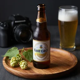 dslr food photography of a brown euro beer bottle, on a wooden plate, with hop plant decoration and a glass of beer on the side, macro shot, hasselblad, 1 0 0 mm f 1. 8, dimmed lightning