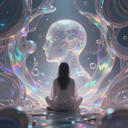 a mind sitting in the center of a iridescent multi dimensional latent space conceptualizing our collectively designed divine imagination, 4 k, ultra high quality surrealism - n 9