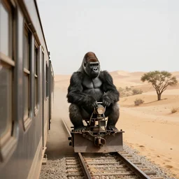 a gorilla riding a train in a desert, go pro footage
