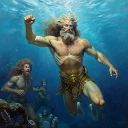 a highly detailed underwater painting of poseidon, by james gurney, greg rutkowski, by craig mullins