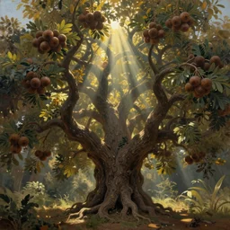 ayahuma tree looking like an ent with brown round fruits, god rays at the top, art by christophe vacher