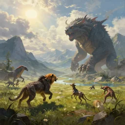 giant cyberpunk wildlife fighting, a cinematic landscape view looking at an open field, mountains in the distance with a river running down, the sun shines through the parted clouds, digital painting, fantasy, art by jesper ejsing and alexandre mahboubi and christophe oliver and