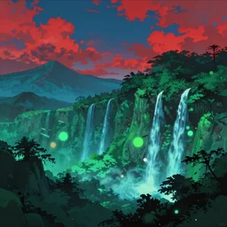 green blue isekai cyber neon japanese mountains, void sky - red clouds, dark inky forest, waterfalls, low clouds rimlight bokeh pixiv # 1 ranking depth focus, chromatic aberration, noise, soft lighting, srgb, 4 k, cinematic rembrant kuvshinov ross tran craig mullins leyendecker wlop guweiz