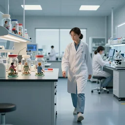 Digital art, a scientist walks through her laboratory, past tables, on the tables are people trapped in jars, trending on ArtStation