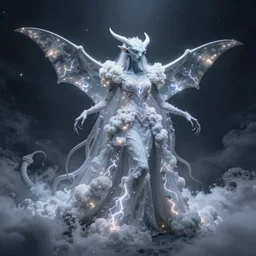 cgi ethereal alien manta ray druid with tentacle arms from beyond the stars, wearing a massive magically imbued ethereal elven bridal gown made from stormy clouds, with fairy lights inside the clouds like lightning, cloud shaped mage robes, fantasy, proper anatomy, fantasy art, in the style of the dragon prince on netflix