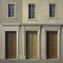 endless buildings blending into doors painting by rene magritte, high detail, high resolution