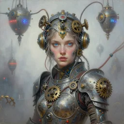 by tom bagshaw, ultra realist vivid soft painting of a carnival of curiosities, single curvy flirt etheral young steampunk female in a full ornated armor gears breathtaking almond blue eyes, cables, led, flying machinery, partial symmetry accurate features, very intricate details, focus, award winning, ultra dense fog