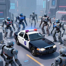 a drawing of a police car surrounded by robots, cyberpunk art by geof darrow, artstation, maximalism, apocalypse art, concept art, parallax