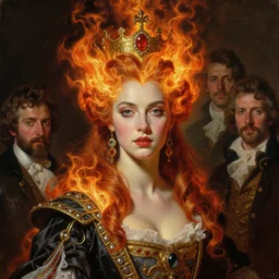a portrait painting of the queen of fire dressed by alexander mcqueen, an ultrafine detailed painting by zha shibiao, austin osman spare, roberto ferri, william waterhouse and tom bagshaw. ultradetailed face, cgsociety, fantasy art, detailed painting, chiaroscuro, rococo