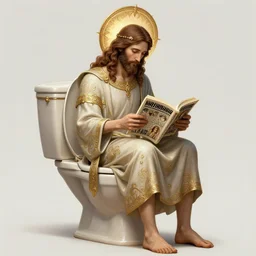 photography of jesus christ sitting on a toilet reading manga, deep focus, d & d, fantasy, intricate, elegant, highly detailed, simple background, digital painting, artstation, concept art, matte, sharp focus, illustration, hearthstone, art by artgerm and greg rutkowski and alphonse mucha