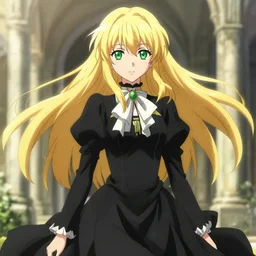 victorique de blois anime gosick green eyes black dress blonde hair by greg rutkowski makoto shinkai aramaki shinji artgerm, cushart krenz key art feminine