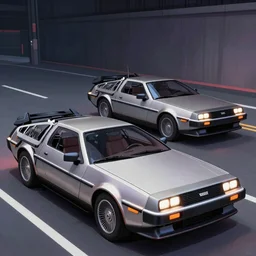 An anime art of two delorean, digital art, 8k resolution, anime style, high detail, lowrider style, wide angle