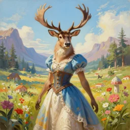 a portrait painting of female cervus nippon wearing dress ， humanoid, anthropomorphic, personify, trending on artstation by wenjun lin, irakli nadar, bright colors, octopath traveler, wenjun lin, unreal engine 5 highly rendered, global illumination, radiant light, detailed and intricate environment