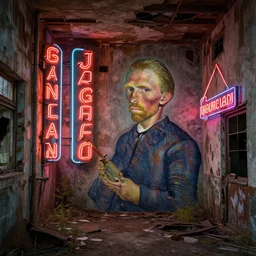 abandoned by jan van goyen, neon signs retro, archdaily, wallpaper, highly detailed, trending on artstation.