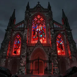 old cathedral, red light inside, stained glass, broken gate, black rocks,, epic fantasy, colorfully, digital art, concept art, detailed illustration, hd, 4 k, digital art, by anato finnstark trending on artstation