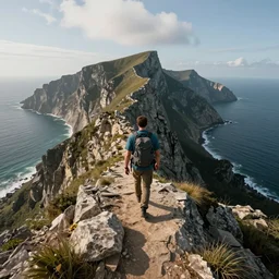 a hyper detailed photo of walking across a summit of a beautiful clifs by the sea coast, photorealistic, unreal engine 5, 8 k post production, cinematographic, ray tracing, v - ray, octane render, go pro, artstation trending, concept art