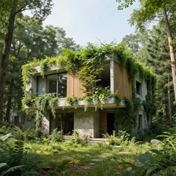 an abandonned modern house covered with plants in the middle of a forest, photorealistic, 4k, award-winning