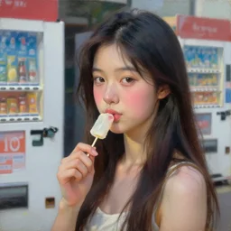 oil painting by ilya kuvshinov,, baugh casey, rhads, coby whitmore, of a youthful japanese beauty, long hair, standing eating a pushpop outdoors by vending machines, highly detailed, breathtaking face, studio photography, dawn, intense subsurface scattering, blush, supple look, innocence, intense sunlight